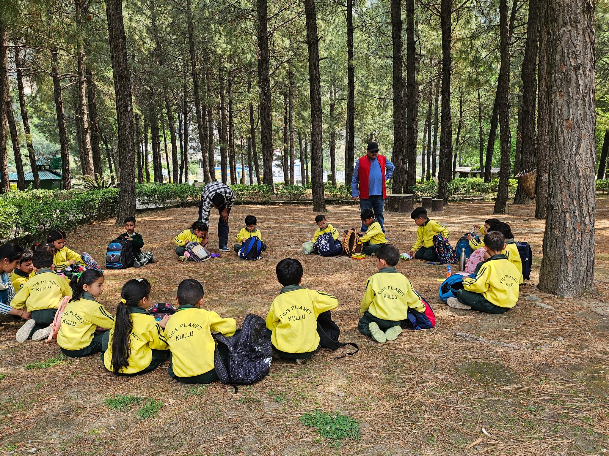 Outdoor learning in a Kullu Valley pine forest